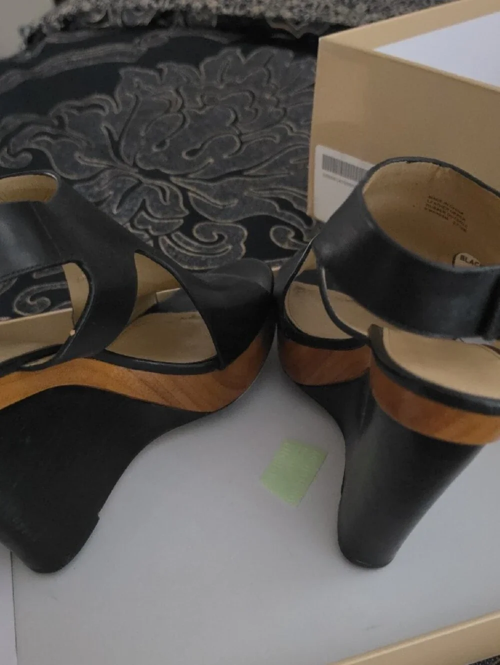 Michael Kors Black Leather Slingback Wedge Sandals with Wood-Trim Platform